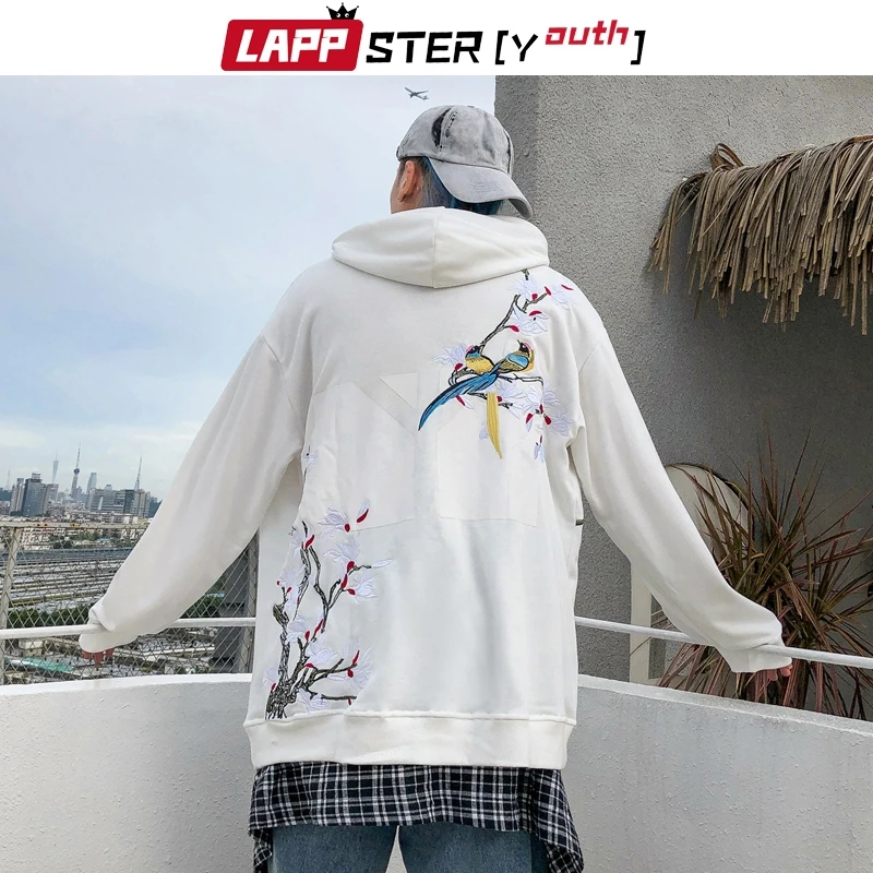LAPPSTER Мужская негабаритная вышивка Harajuku толстовки с капюшоном Японская уличная Толстовка Осень Корейская мода белая толстовка