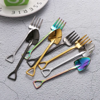 

New Stainless Steel Shovel Shape Ice Cream Spoon Multi-color Long Handle Coffee Soup Tea Spoon Fork Kitchen Accessory Flatware