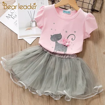 

Bear Leader Girl Clothing Sets New Summer Kids Lovely Cartoon Cat Children Clothes Toddler Girl Tops and Skirt Suit Mesh Dress