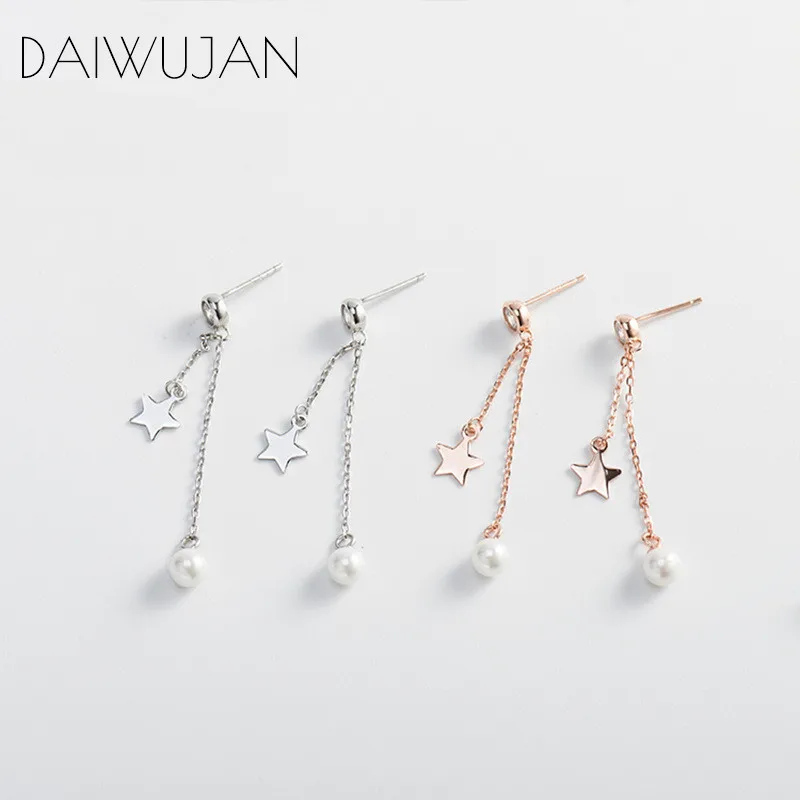 

DAIWUJAN 925 Sterling Silver Temperament AAA Zircon Star Pearl Long Tassel Drop Earrings For Women Girls Party Ear Line Jewelry