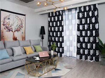 

Children's Room Cartoon Big Face Cat Printed Black Silk Shading Curtains for Living Dining Room Bedroom.