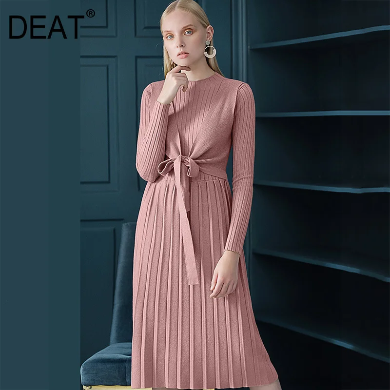 

[DEAT] Women Pleated Bandage Temperament Knitting Dress New Stand Neck Long Sleeve Loose Fit Fashion Spring Autumn 2019 13E010
