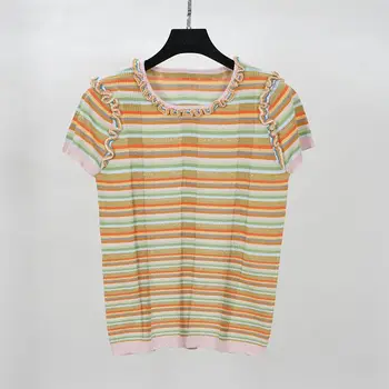 

New Colorful bright silk knitted linen cotton stripe short sleeve