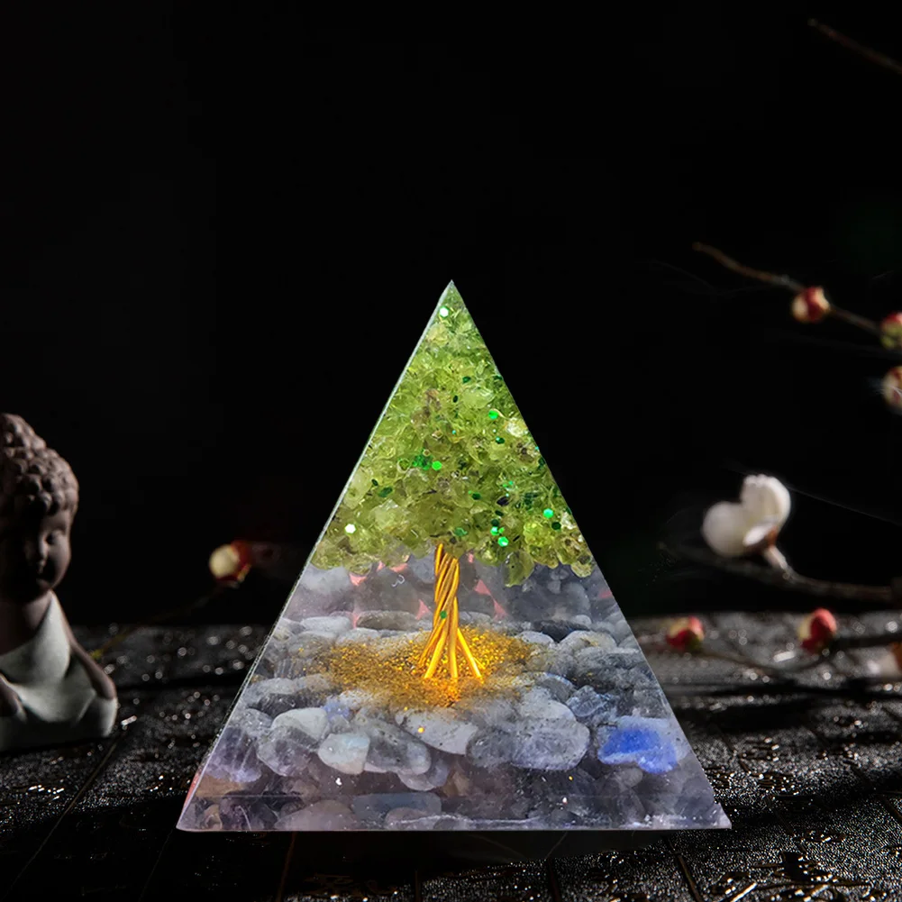 Tree of Life Orgone Pyramid Crystal Energy Orgonite Pyramid Peridot Healing Gem Stones EMF Orgonite Chakra Reiki Meditaiton Tool