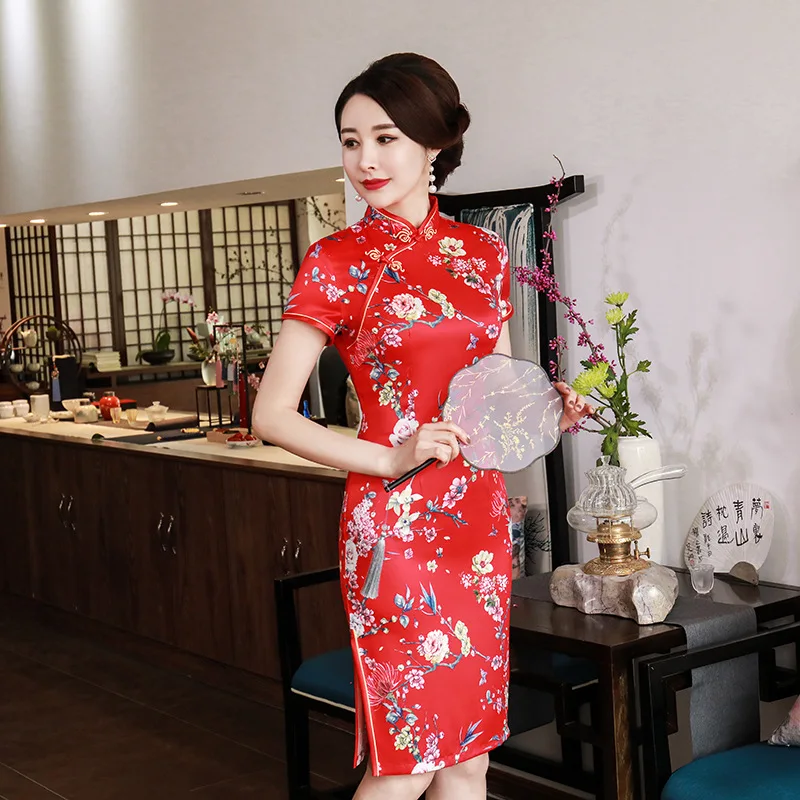 2019 New Summer Short Cheongsam Dress Floral Slim Vintage Plus Size Qipao Dresses 4XL | Тематическая одежда и униформа