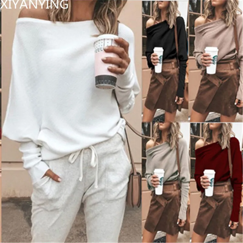 

Sweater Women Pullovers 2019 Spring Autumn Sexy One Word Collar Raglan Sleeve Plus Size Sweater Womans Knit Long Sleeved Tops
