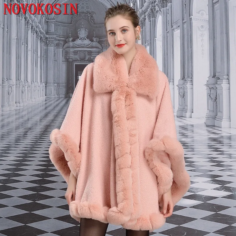 

SC387 2019 Winter Faux Rabbit Fur Women Cape Poncho Knitted Sweater Long Faux Cashmere Big Fur Neck Plus Size Cardigan Coat