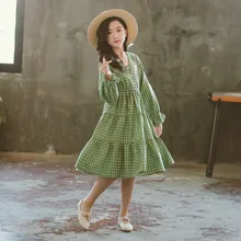 Коллекция года, весенние платья для девочек детские длинные платья-торты в стиле ретро дизайн, модное Хлопковое платье в клетку для маленьких девочек#8020