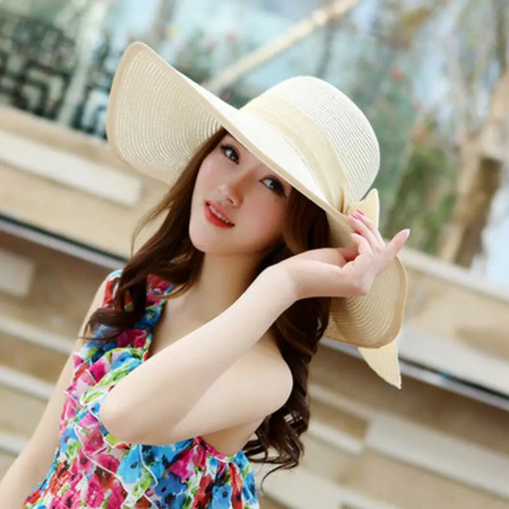 Бежевый Hot Summer Straw Hat Women's Ladies Wide Brim Beach Hat Sun Foldable Cap Foldable Straw Holiday Sun Hat New - Цвет: Бежевый