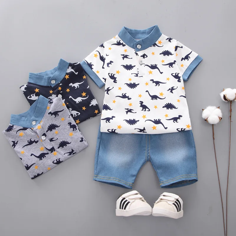 

2019 Childrenswear Summer New Style Boys' Clothes Summer Wear Short Sleeve Set Dinosaur Printed Small CHILDREN'S Leisure Suit