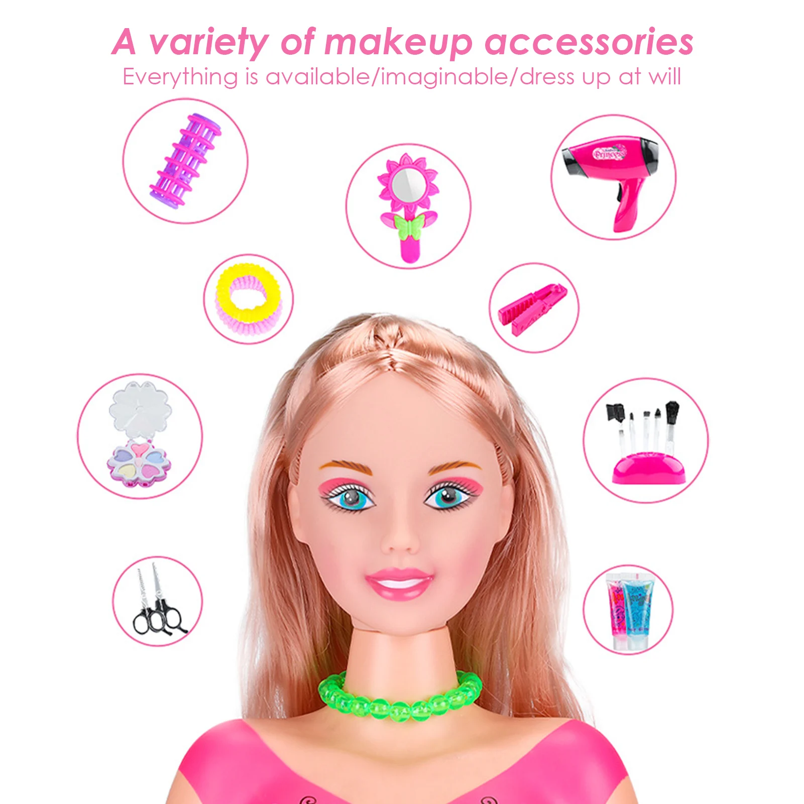 Barbie Doll Head pour les jouets de coiffure, Styling Head Doll avec  sèche-cheveux, miroir, brosse cosmétique, kit de jouets de salon de coiffure  et jouets de maquillage pour les petites filles