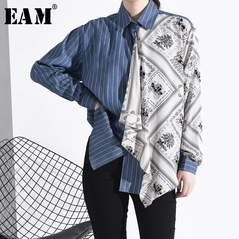 

[EAM] Women Blue Pattern Print Split Big Size Blouse New Lapel Long Sleeve Loose Fit Shirt Fashion Tide Spring Autumn 2020 1R409