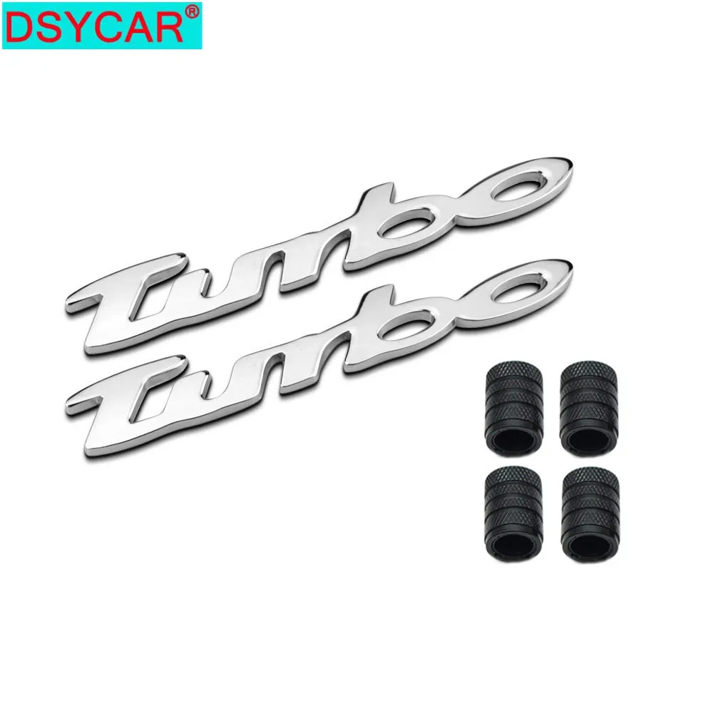 

Dsycar 1Pair 3D Metal TURBO Logo Car Badge Emblem Sticker +4Pcs Knurled Style With Plastic Core Valve Caps for Universal Car