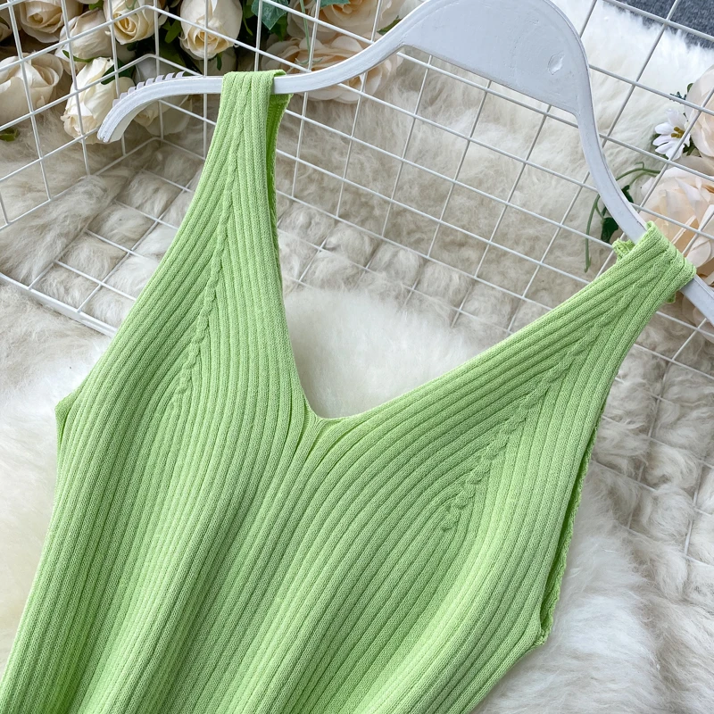 2020 sexy Slim v neck Knitted Midi Dress tank sundresss vestido de fiesta split Summer Party Women Casual Knee Length dress