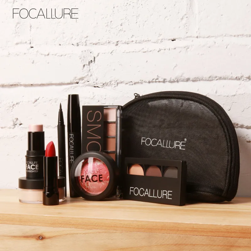 8 Pcs with Bag FOCALLURE, 8 шт., набор инструментов Makup, косметика, включая блестящие тени для век, матовая помада, румяна, тушь для ресниц с сумкой для макияжа - Цвет: 8 Pcs with Bag
