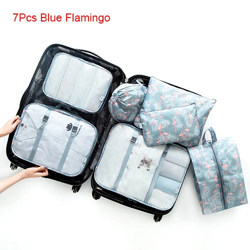 Blue Flamingo 7 Pcs Mihawk, дорожные сумки, одежда, нижнее белье, обувь, упаковка, органайзер, куб, портативный, для туалетных принадлежностей, косметичка, аксессуары, принадлежности - Цвет: Blue Flamingo 7 Pcs