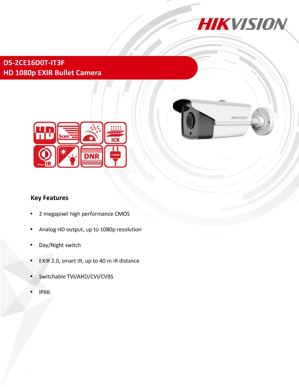 Hikvision, камера видеонаблюдения, CCTV, камера безопасности, DS-2CE16D0T-IT3F, Turbo, HD 1080 P, IR Bullet, камера, переключаемая TVI/AHD/CVI/CVBS