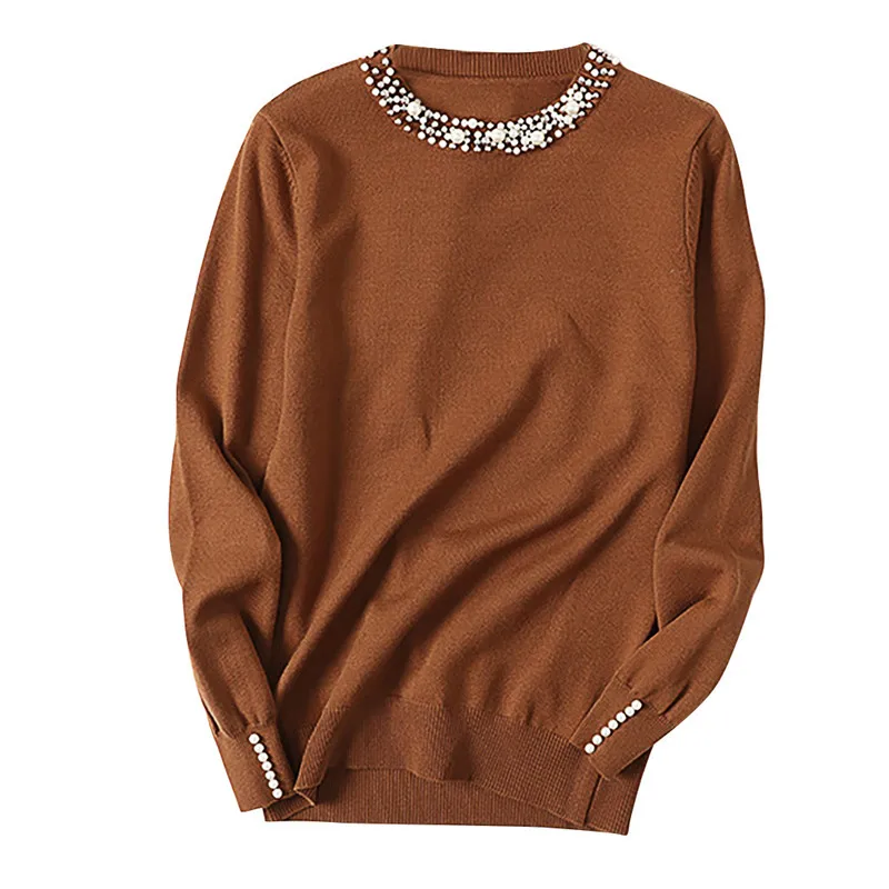 Женский свитер, однотонный пуловер с длинными рукавами и бусинами, облегающий Топ, свитер для женщин, новинка, truien dames roupas feminino - Цвет: Brown