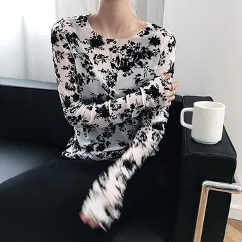 

2020 Spring New Lace Mesh Bottoming Shirt Women's Perspective Pullover Careful Machine inside Top