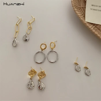 

HUANZHI 2020 New Korea Simple Metal Gold Silver Color Irregular Earring Glossy Stud Earrings for Women Girl Party Jewelry
