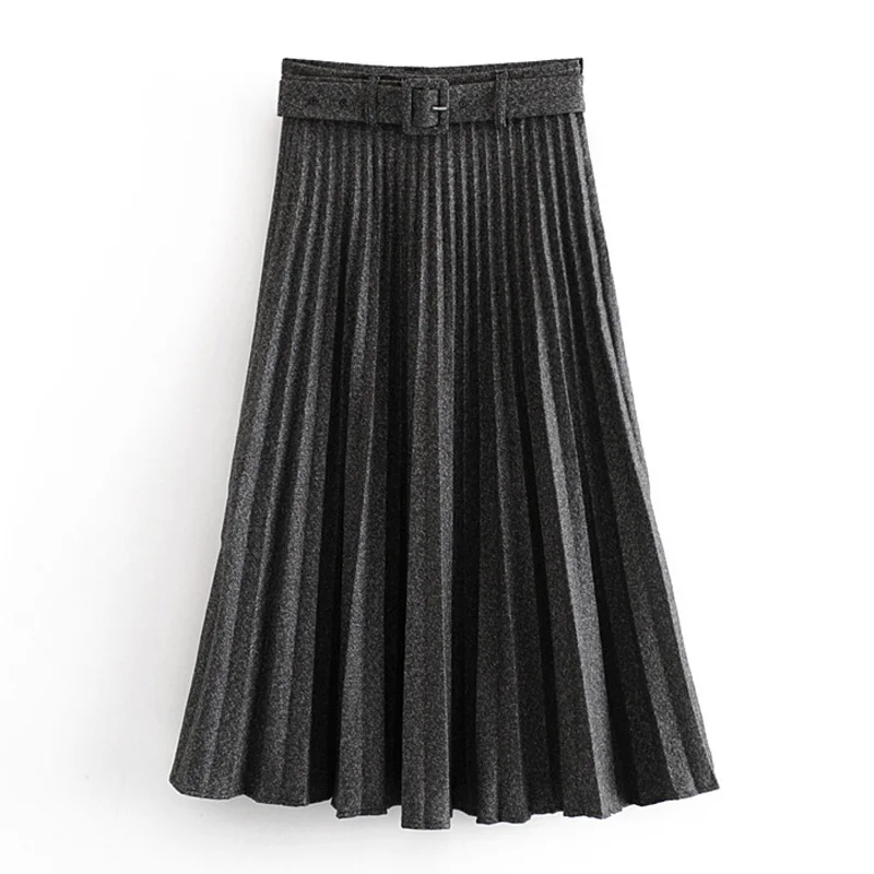 ZOEPO плиссированные юбки с поясом на талии, женская модная повседневная Однотонная юбка, женские элегантные свободные юбки до середины икры, женские юбки JL