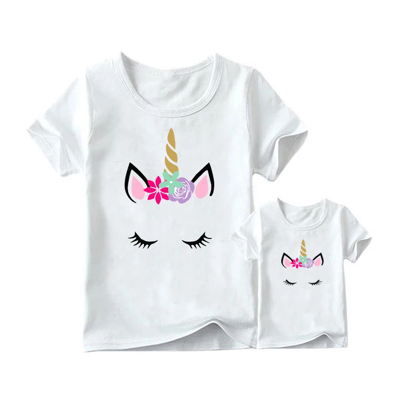 Cute Unicorn Printed Family Matching Clothes T Shirt Fashion Mommy and Me Clothes Family Look Short Sleeve Tee Shirt