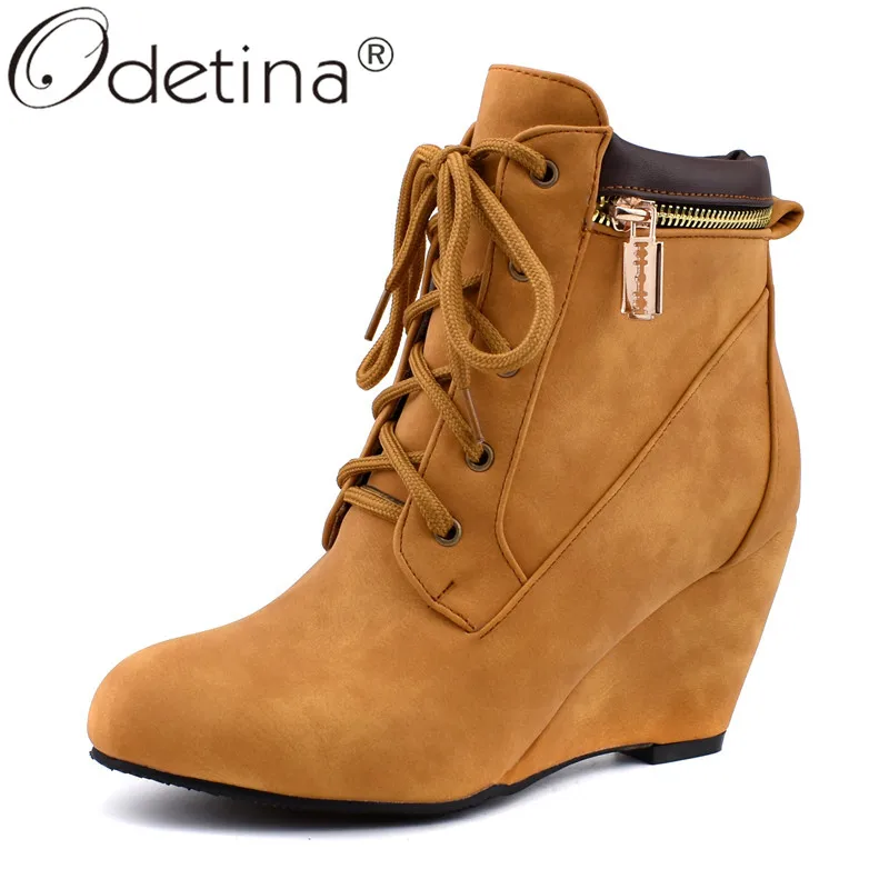 

Odetina Retro Women Vintage Zip Lace Up Ankle Boots Winter Ladies Round Toe Autumn Comfort Wedge High Heel Booties Big Size 48