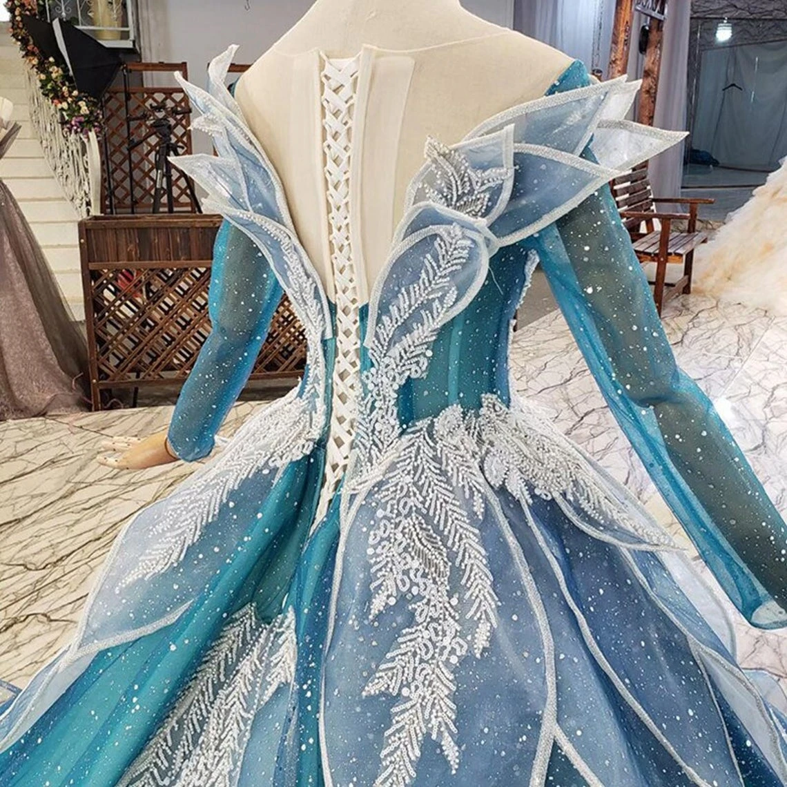 Blue Princess Sparkle Queen Costume Wedding Dress Long Sleeve Long
