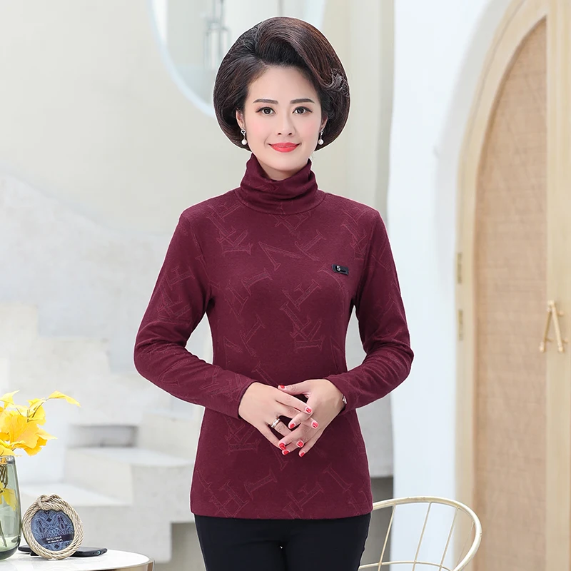 

Autumn Woman Turtleneck Blouse Gray Red Purple Letter Pattern Slim Fit High Collar Tops Women Basic Bottoming Shirts Plus Size