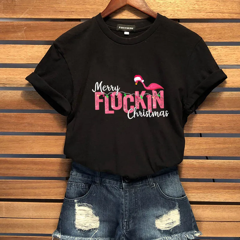 Camiseta femenina, футболки с фламинго, женские футболки с коротким рукавом и круглым вырезом, женские топы в стиле Харадзюку, рождественские Топы