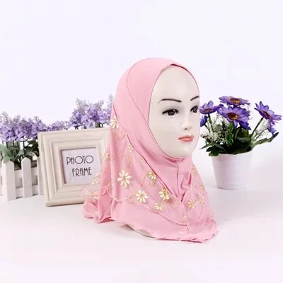 Мусульманский Стиль детский хиджаб шарф накидки с цветочным узором для детей Полиэстер Пашмины Hi jab bufanda для молодых людей - Цвет: Розовый