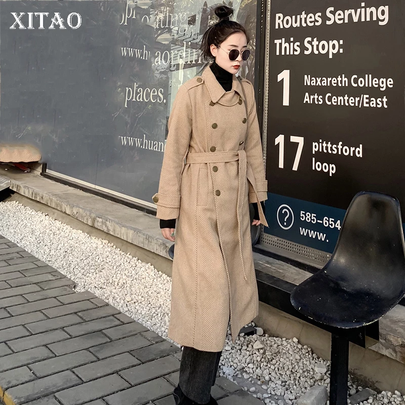XITAO, свободный, двубортный, с поясом, длинный, смешанный, для женщин,, зима, корейская мода, стиль, с отложным воротником, смешанное пальто, GCC2966
