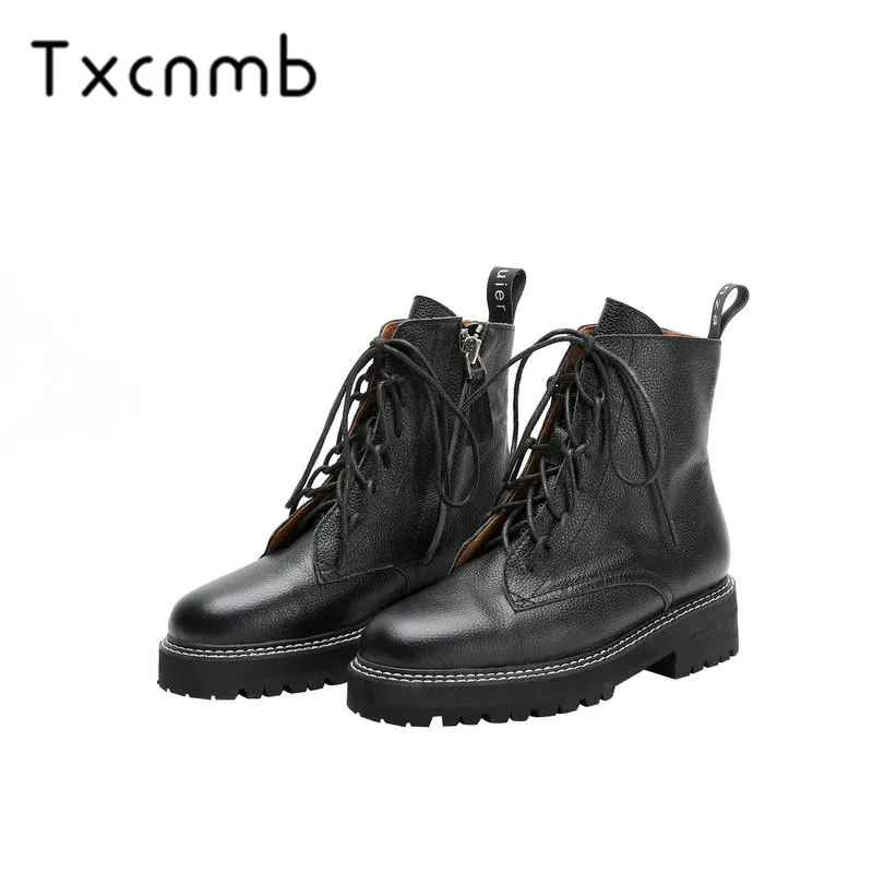 

TXCNMB Boots Women 2019 Autumn Ankle Boots Genuine Leather Motorcycle Boots Fashion Lace Up Round Toe Shoes for Women