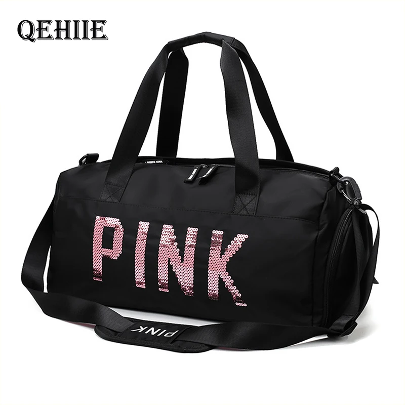 Женская Черная сумка для путешествий, розовые сумки на плечо с блестками, женская сумка, женская сумка на выходные, переносная нейлоновая сумка-тоут, водонепроницаемые сумки