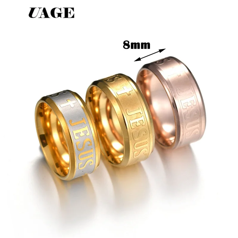 

UAGE TOP Quality Catholic 8mm Titanium Steel Silver Rose Gold Color Jesus Cross Letter Bible Wedding Band Ring Men Women