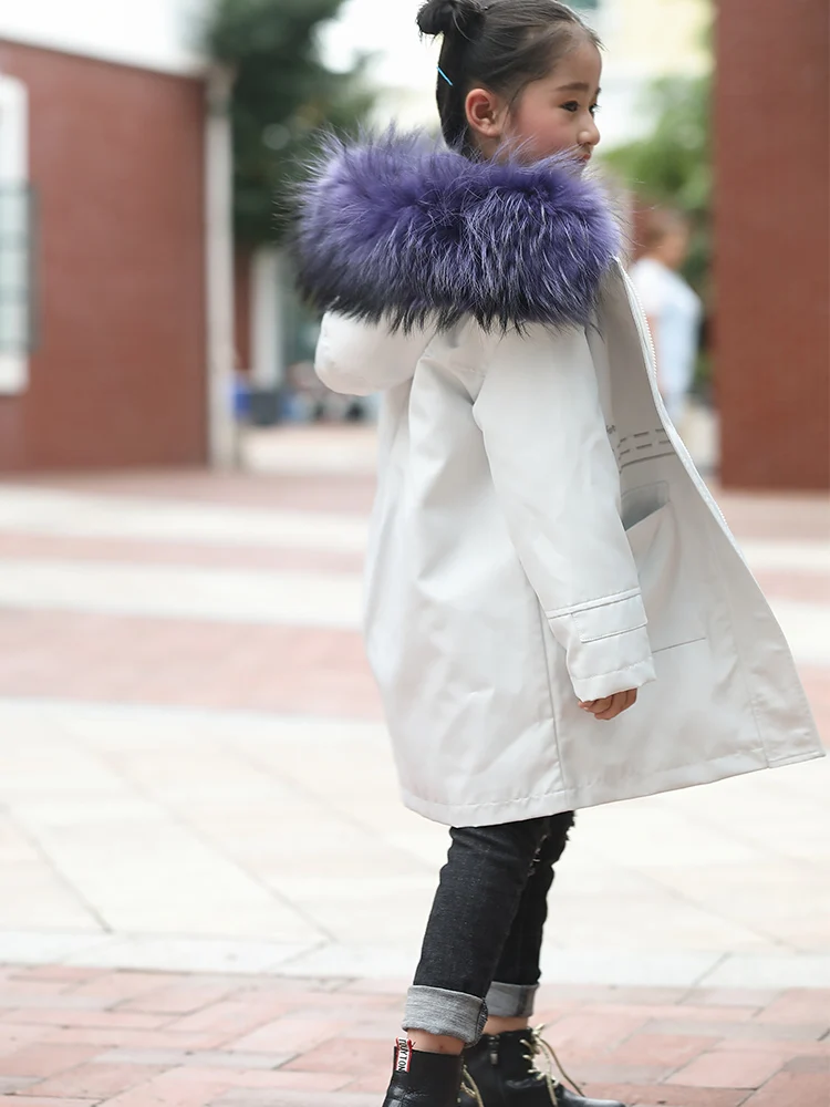 Коллекция года, новые зимние меховые куртки для мальчиков и девочек утепленное длинное пальто с натуральным кроличьим мехом для девочек, воротник из натурального меха, теплая куртка