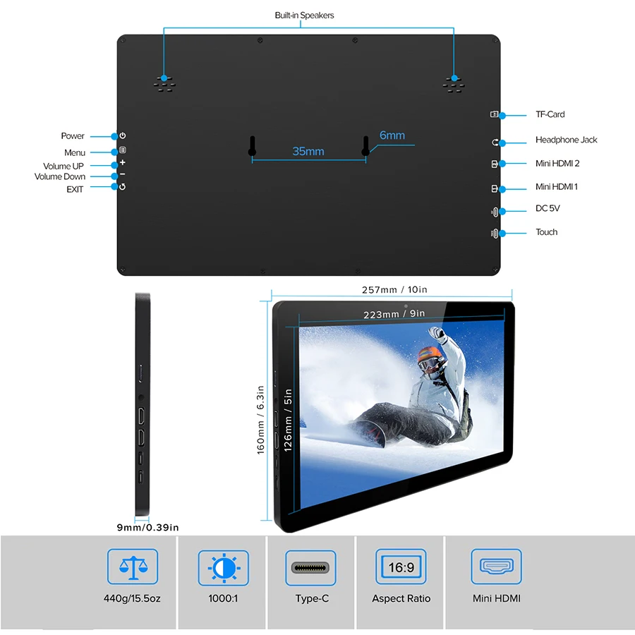 Eviciv 10 дюймовый 1368x768 портативный монитор для ПК PS4 Windows 7 8 HD LCD HDMI IPS внешний экран