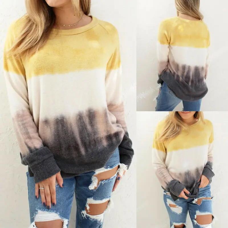 Модная женская толстовка Tie Dye, Женский мешковатый пуловер, свободные топы с длинным рукавом и круглым вырезом, джемпер, толстовки
