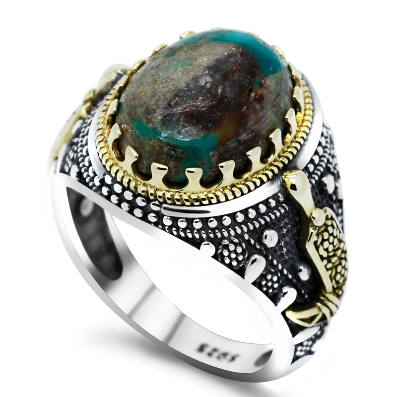 

Vintage Turquoise Ring Silver 925 Gold Plated Men's Rings Natural Green Turkish Gemstone Punk Biker Party Band Jewelry Male Ring