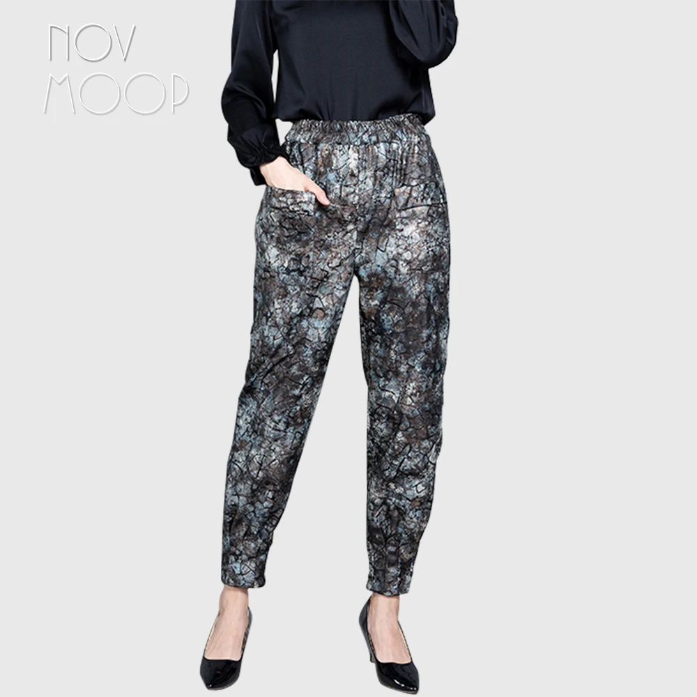 

Novmoop Italy vintage print trousers female high waist plus size sheepskin genuine leather harem pants pantalones mujer LT2855