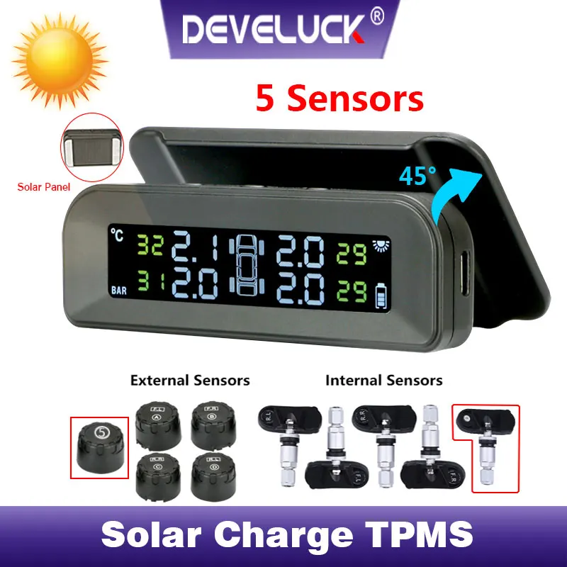 

DEVELUCK solar car tire pressure monitoring alarm system LCD screen automatic brightness control 5 tires wireless TPMS USB