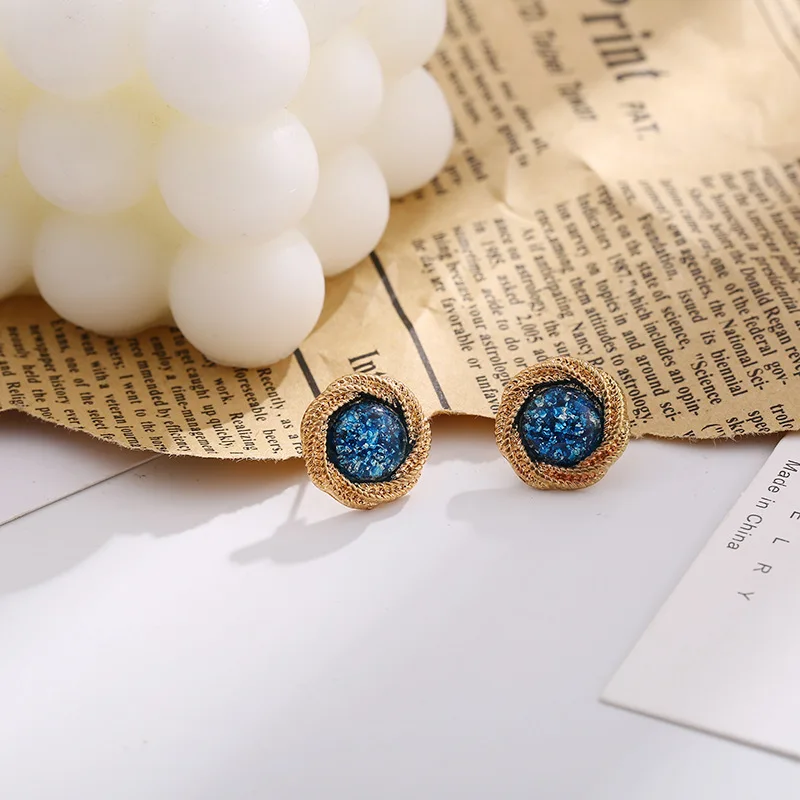 

Gold Blue Color Round Metal Stud Earrings Elegant Fashion Simple Earring Charm Jewelry Orecchini Donna Party Gift 2020