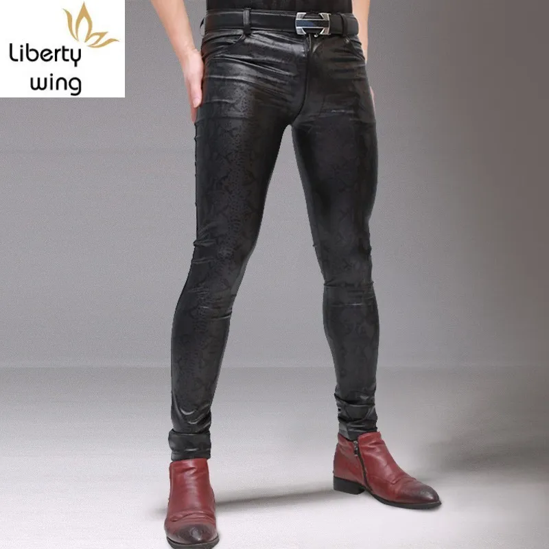 

Mens Snake Printed Elastic Skinny Pu Leather Long Stretchy Trousers Man Motorcycle Pants Thin Slim Fit Punk Pantalon Homme