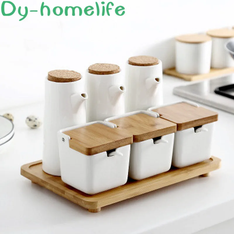 

Japanese-style Ceramic Spice Jar Oil Vinegar Pot Storage Tank with Wooden Tray Multi Combination Set Kitchen Supplies Pepper