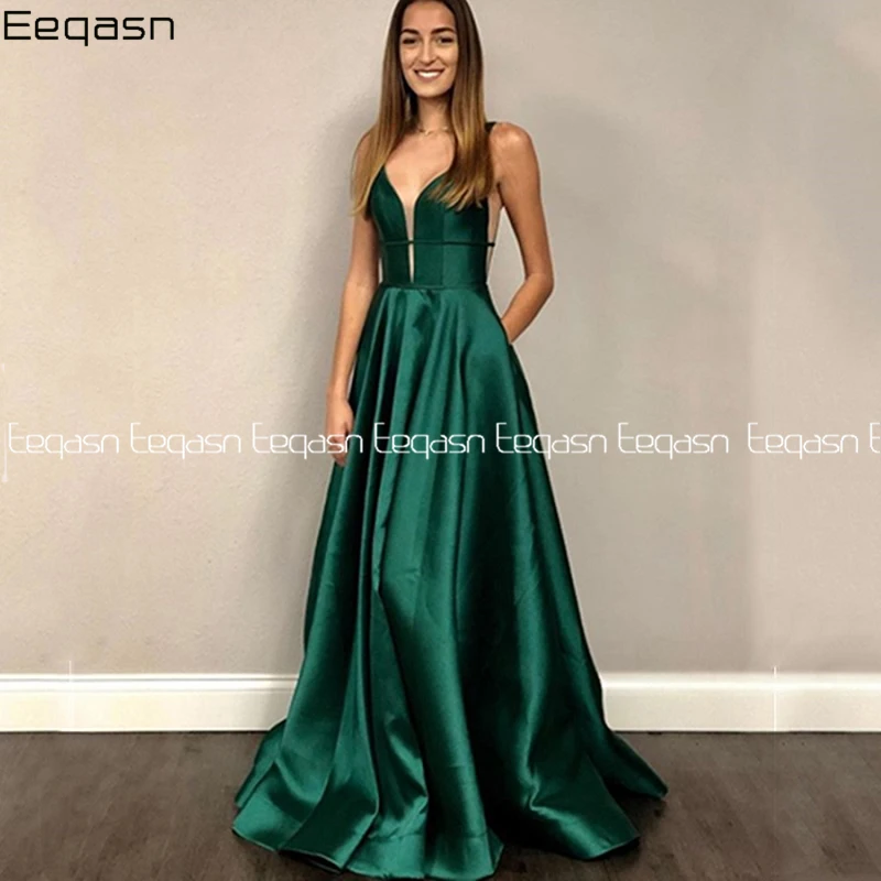 Vestidos De Gala сексуальное зеленое атласное платье с v-образным вырезом для выпускного вечера с карманами Длинное Элегантное платье трапециевидной формы с открытой спиной для формальной вечеринки