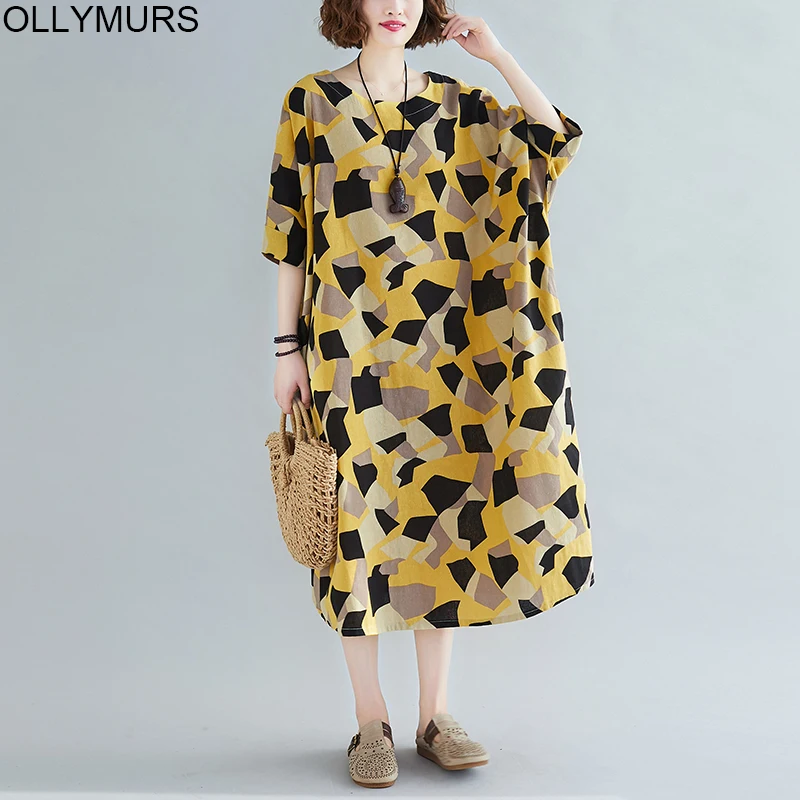 

2020 Long Maxi Dress Plus Size Cotton Women Dress Robe Female Batwing Sleeve Vintage Linen Plaid Printed Dress Sundress 6XL 7XL