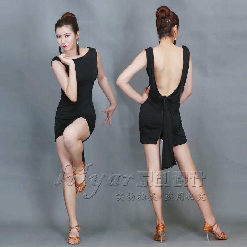 

Latin Dance Dress Adult Women's Black Open Back Waisted Sleeveless Sexy Dance Dress