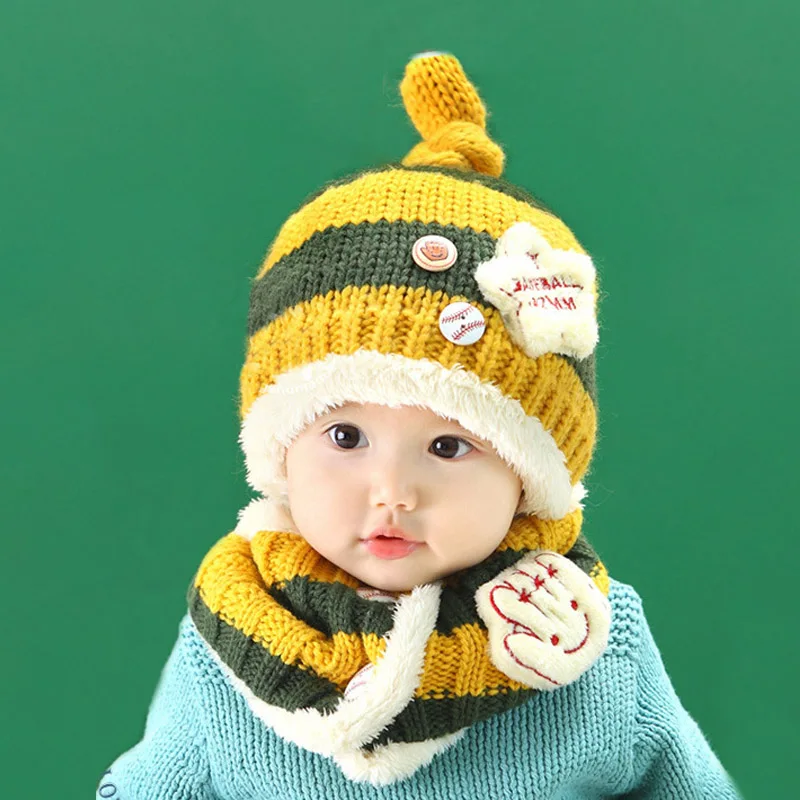 Baby Kids Hat Scarf Set Boys Winter Warm Beanie Cute Bee Child Knitted Hat Add Velvet Hats Winter 2 Pcs Baby Girl Hat Scarf Set - Цвет: Yellow