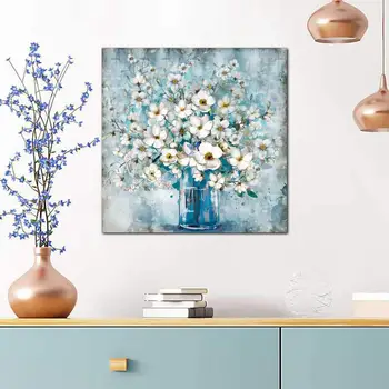 

Modern Gallery Wall Decor Print Canvas Art White Flower in Blue Bottle Theme Picture Artwork for Walls Ready to Hang Size 16x16