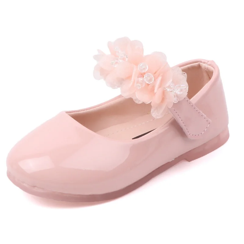New Floral Spring Girls Shoes Children Black Red Pink Flat Single Shoes Kids Princess PU Leather for Girl CSH125